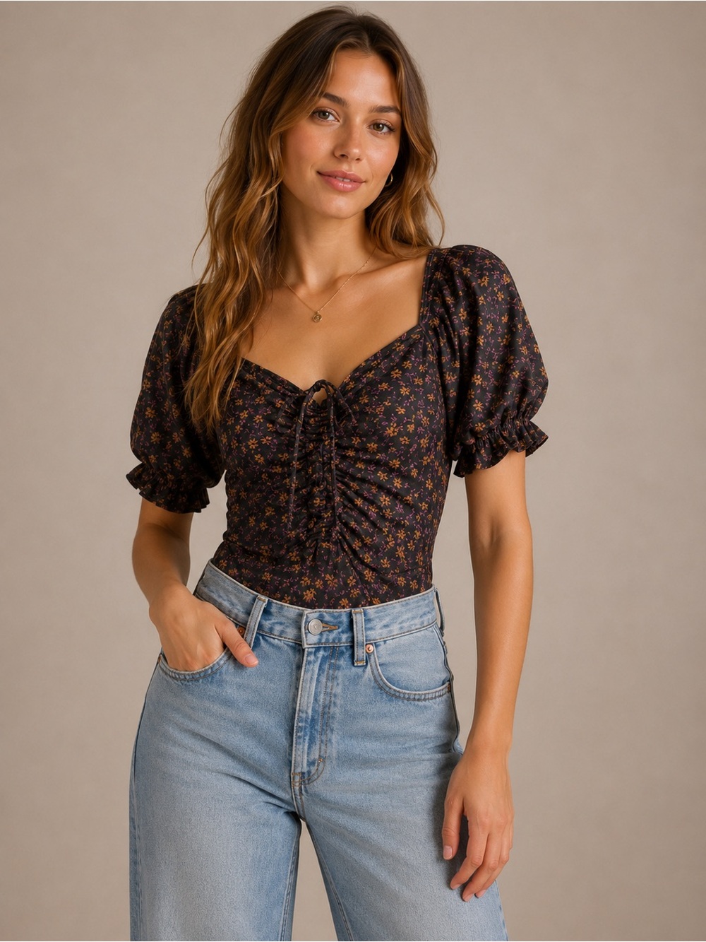 Nasty Gal Floral Ruched Bodysuit Size 4 Puff Sleeve Corset Y2K Romantic